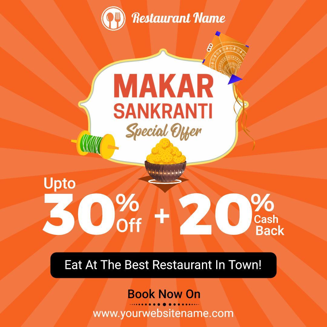 Festive Makar Sankranti Offer with Discounts at Restaurant Ad Template
