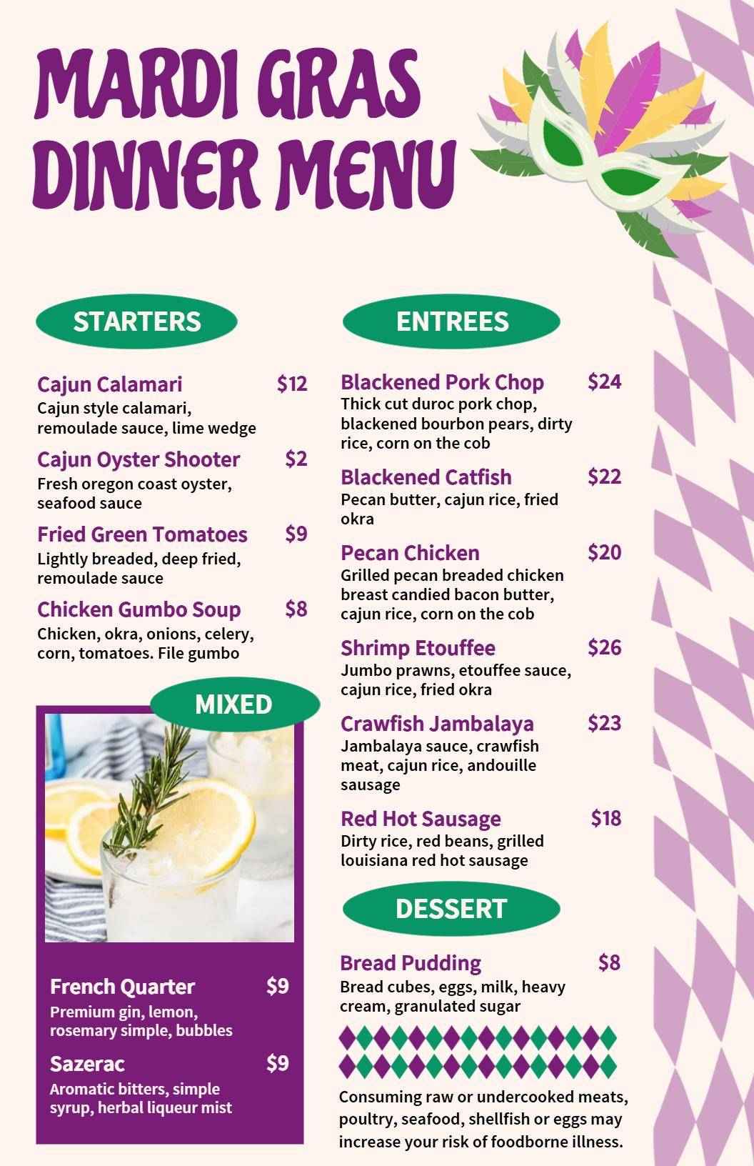 Festive Mardi Gras Dinner Menu Template