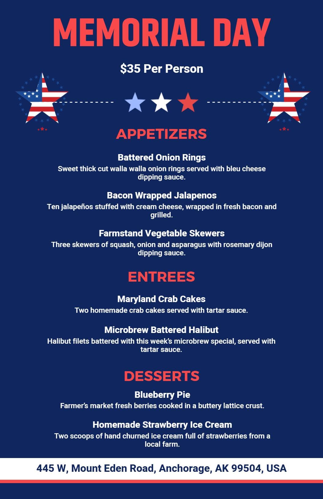 Festive Memorial Day Celebration with Delicious Food Selections Menu Template