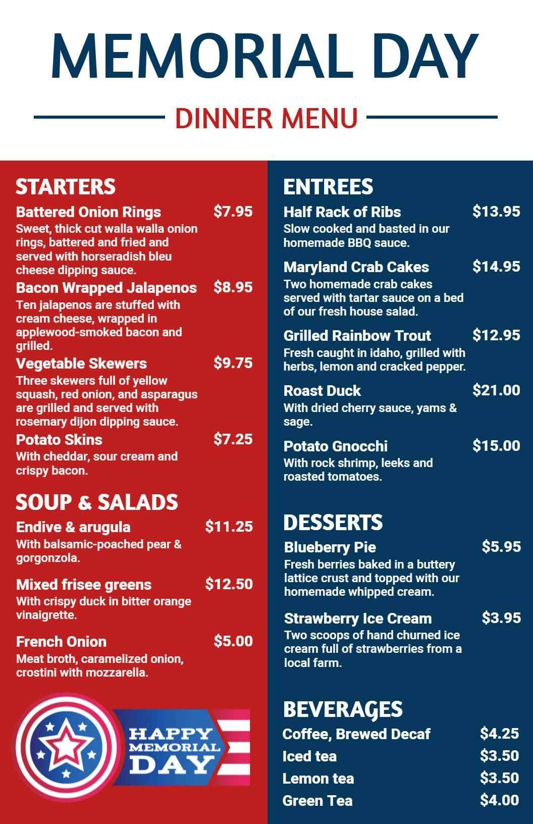 Festive Memorial Day Dinner Featuring Grilled Favorites and Desserts Menu Template