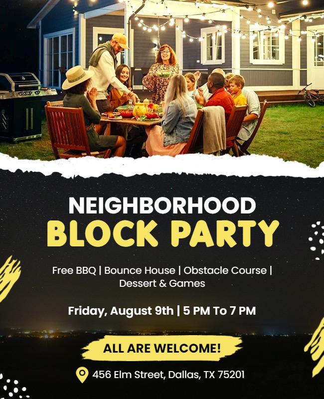 Festive Neighborhood Block Party with BBQ and Games Poster Template