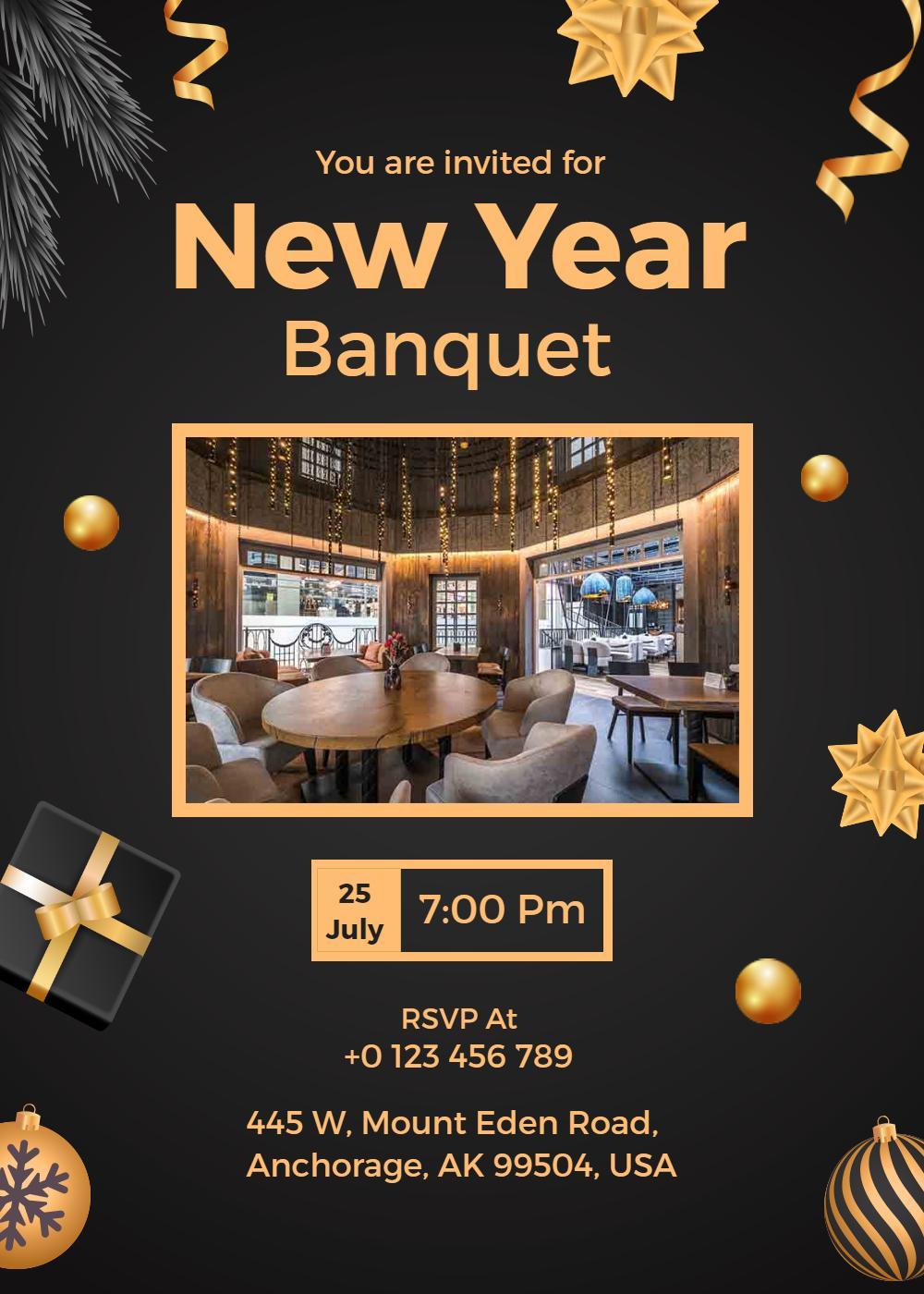 Festive New Year Celebration Elegant Banquet Invitation Template