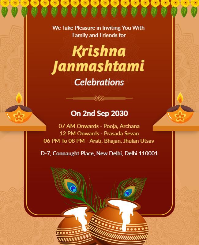 Festive Orange Krishna Janmashtami Celebration Invitation Poster Template