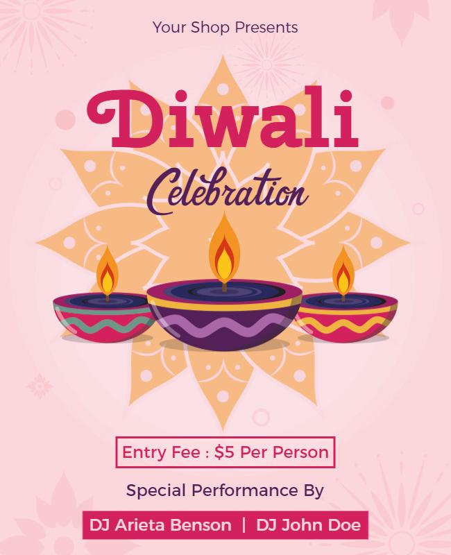 Festive Pink Diwali Celebration with Colorful Diyas Poster Template