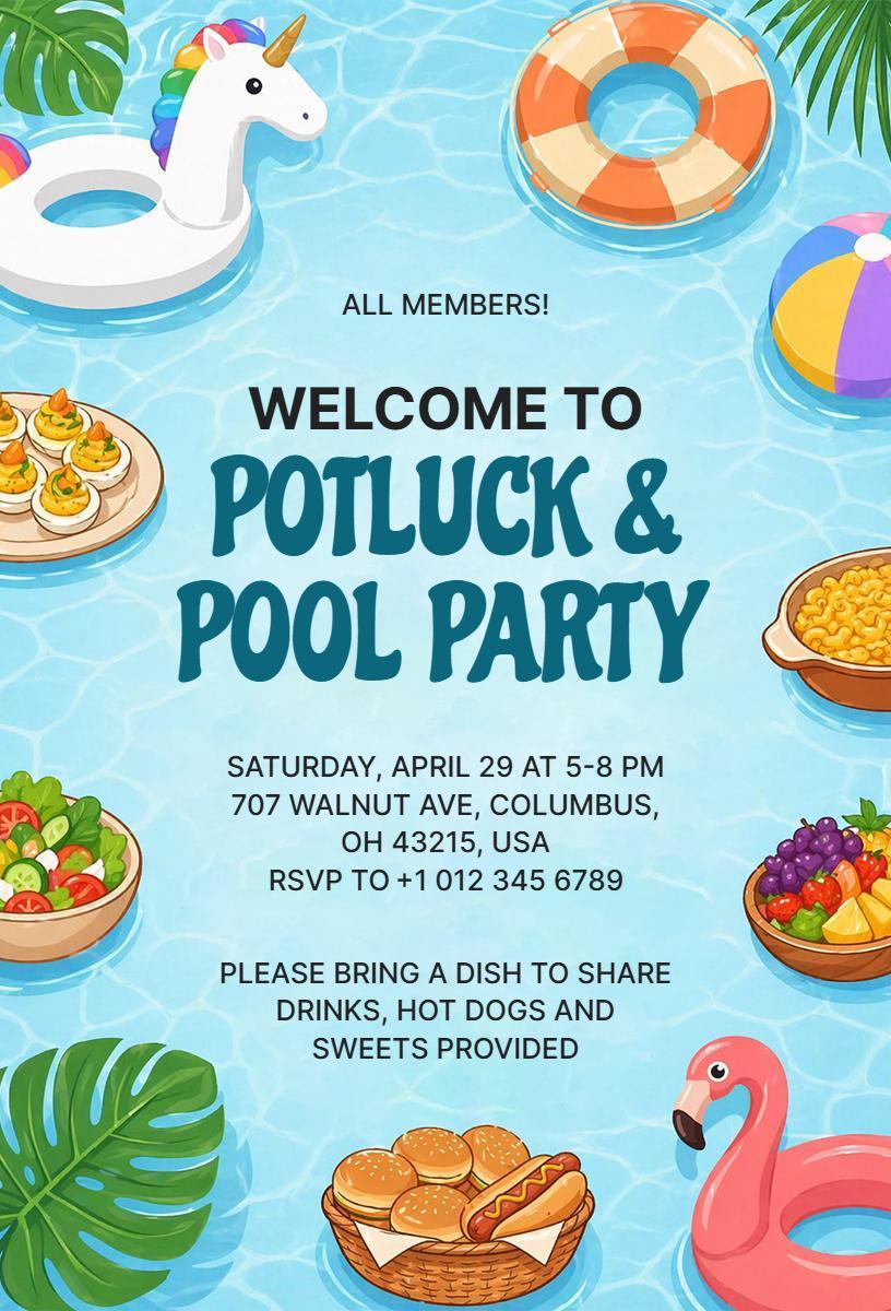 Festive Potluck Pool Party Gathering Invitation Template