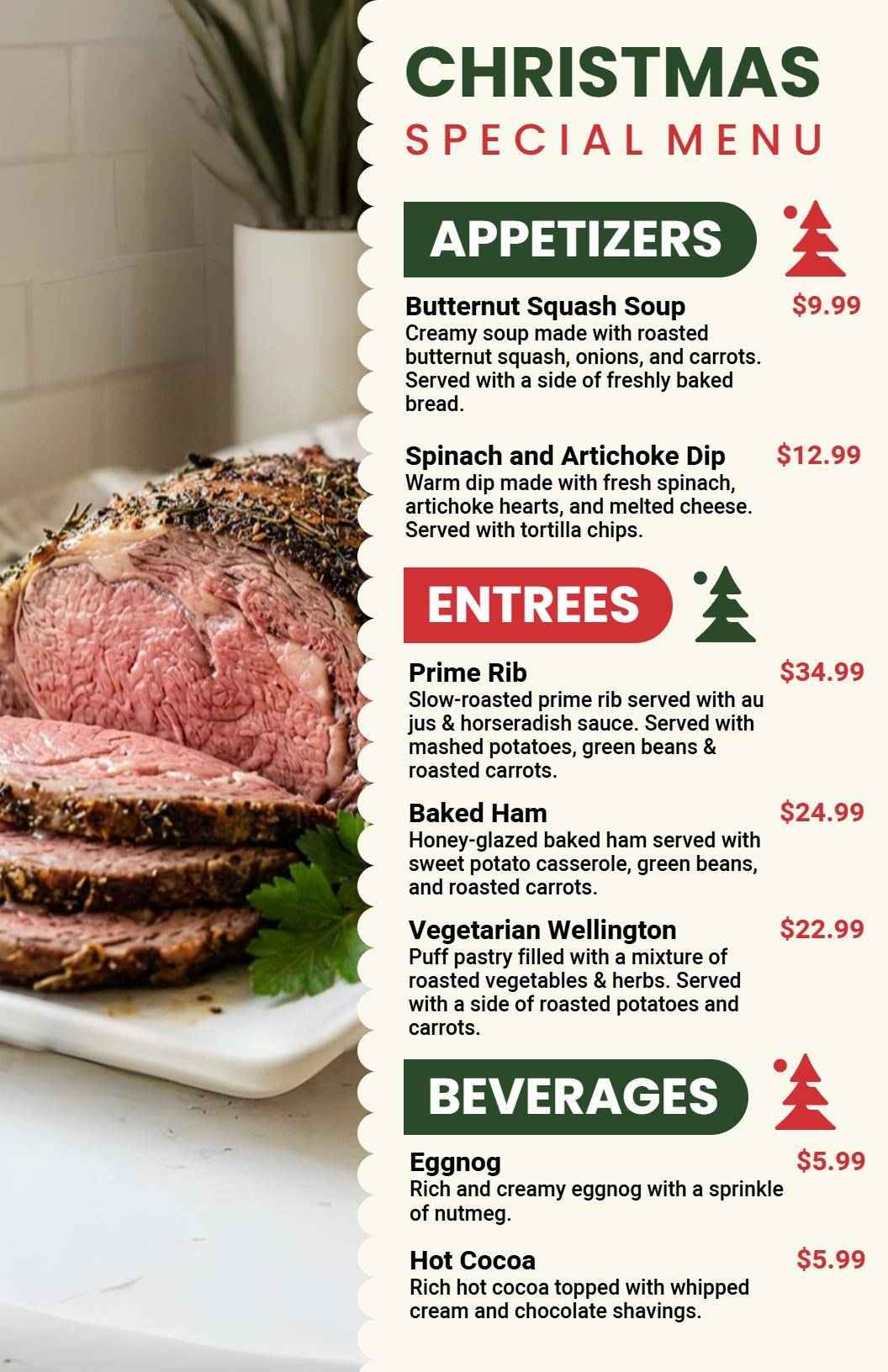 Festive Prime Rib and Holiday Favorites Special Christmas Menu Template