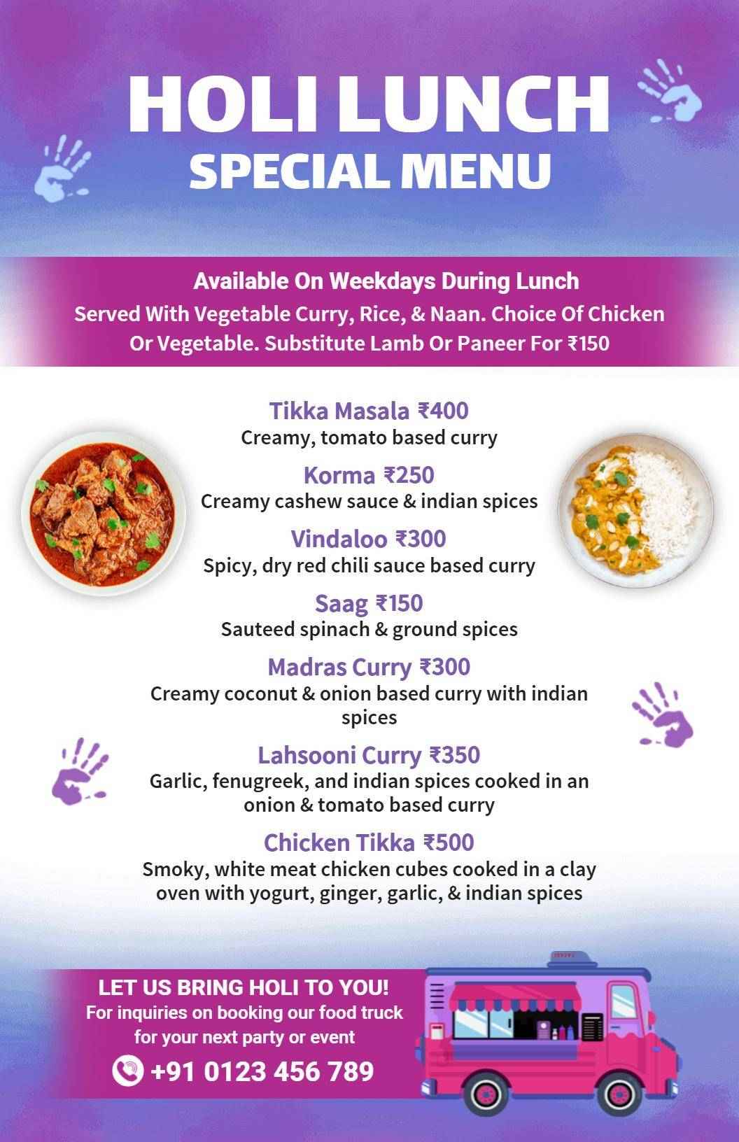 Festive Purple and Pink Holi Celebration Food Truck Menu Template