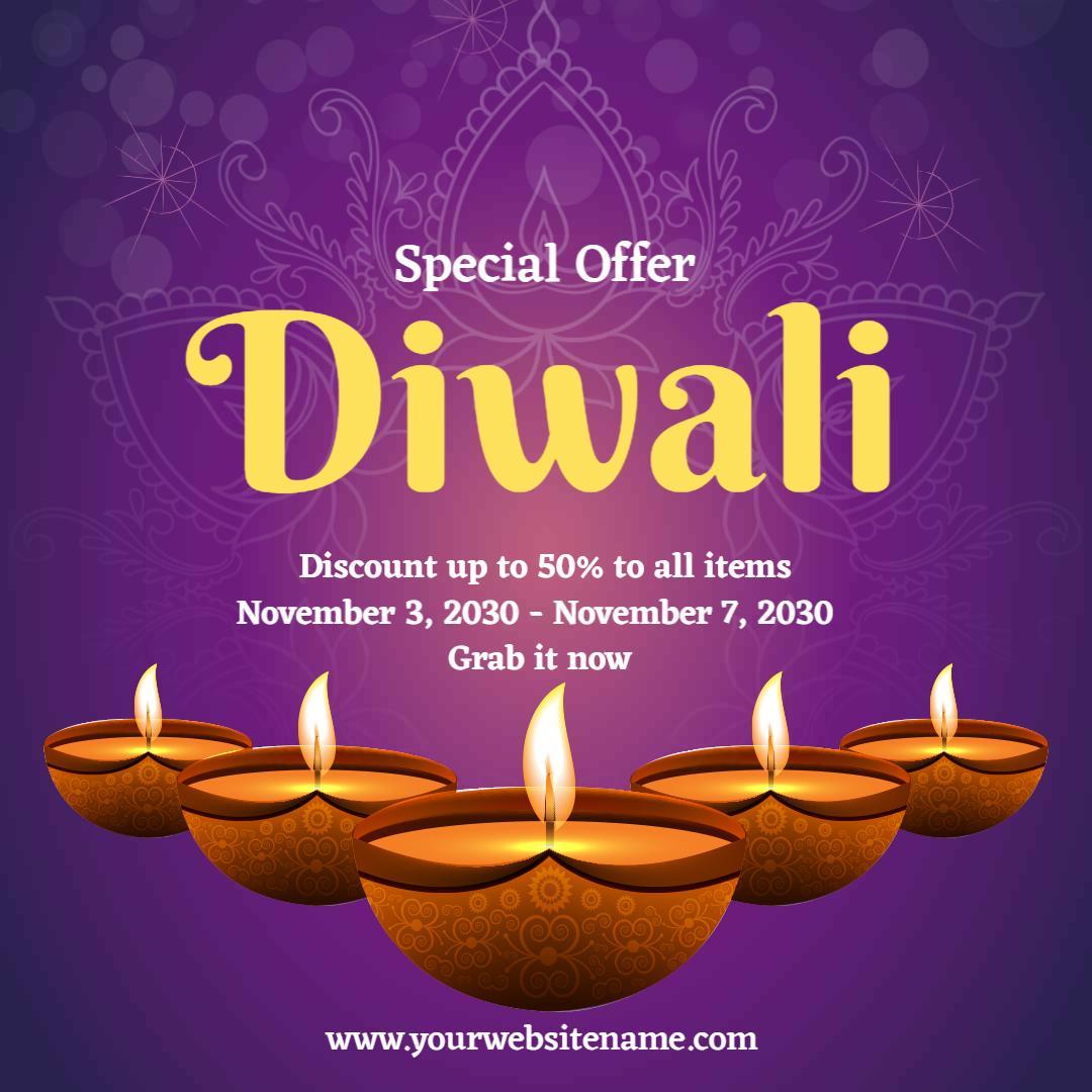 Festive Purple Diwali Discount Offer with Oil Lamps Ad Template