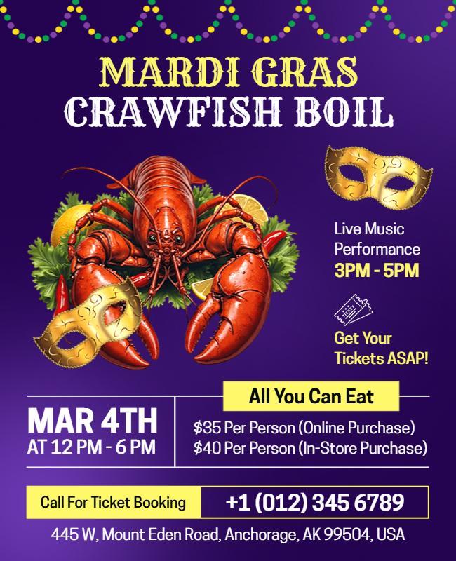 Festive Purple Mardi Gras Crawfish Boil Event Poster Template