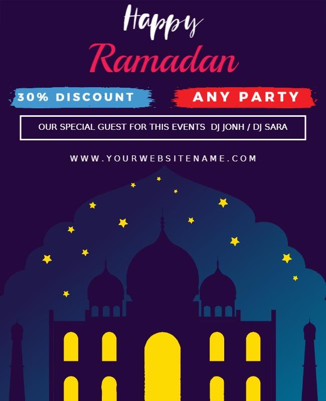 Festive Purple Ramadan Celebration Party Discount Poster Template