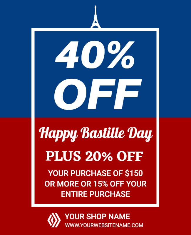 Festive Red and Blue Bastille Day Sale Poster Template