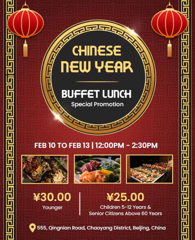 Festive Red Chinese New Year Buffet Lunch Celebration Poster Template