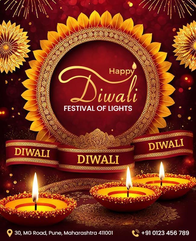 Festive Red Diwali Celebration with Traditional Diyas Poster Template