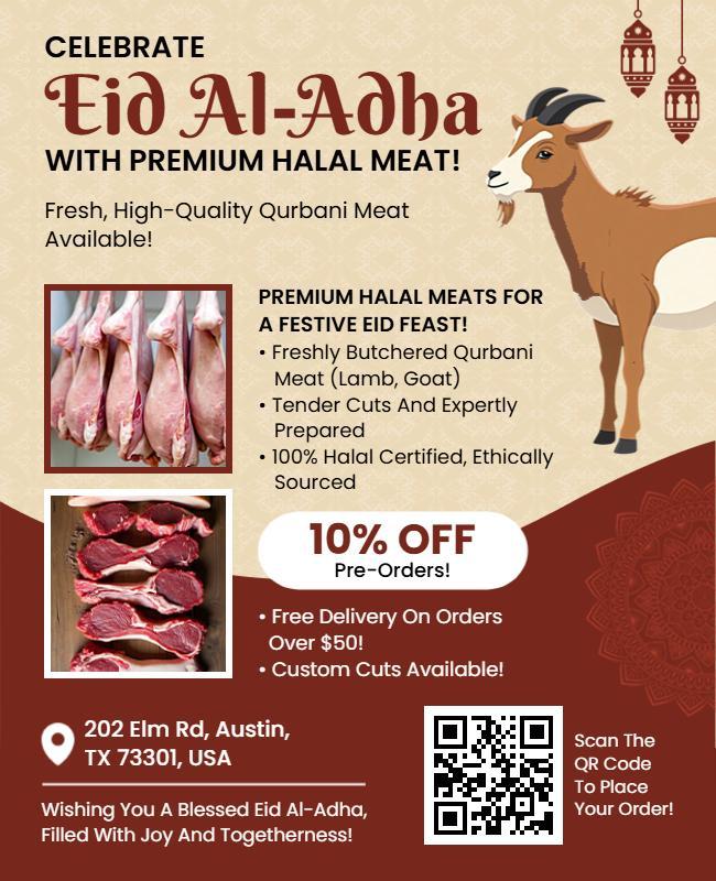Festive Red Eid Al-Adha Premium Halal Meat Offer Poster Template