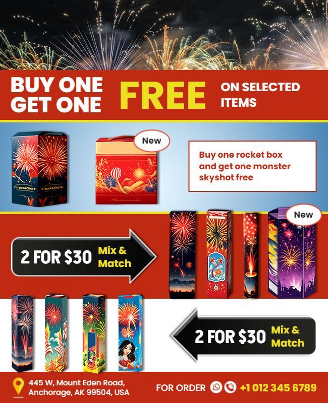 Festive Red Fireworks Sale Promotion Poster Template