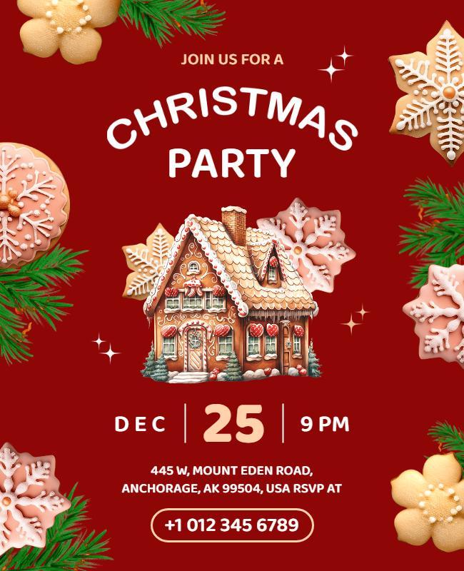 Festive Red Gingerbread House Christmas Party Poster Template