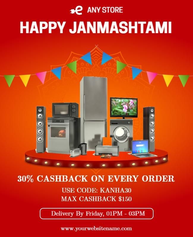 Festive Red Happy Janmashtami Sale with Cashback Offers Poster Template