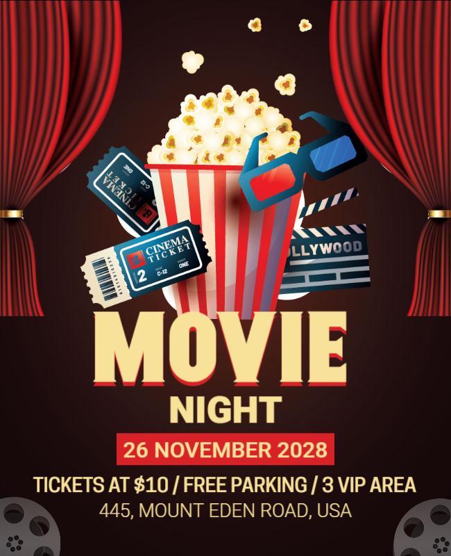 Festive Red Movie Night with Popcorn and Tickets Flyer Template
