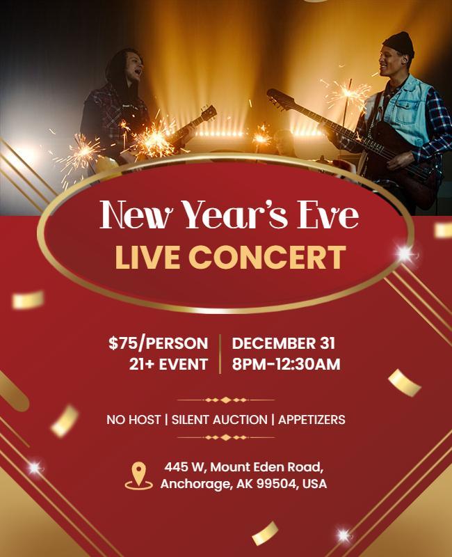 Festive Red New Year's Eve Live Concert Celebration Poster Template