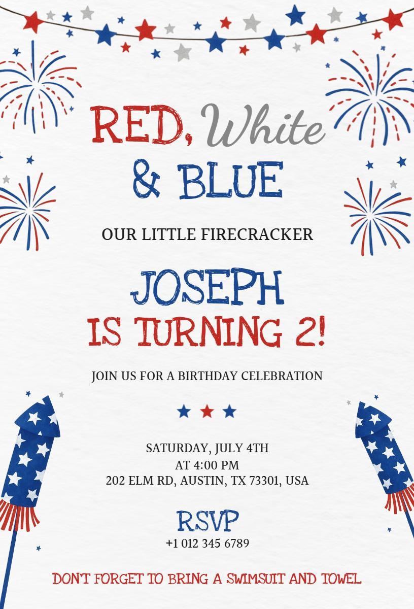 Festive Red White Blue 2nd Birthday Celebration Invitation Template