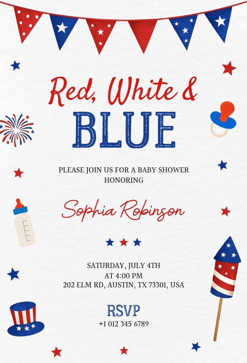 Festive Red White Blue Baby Shower Celebration Invitation Template