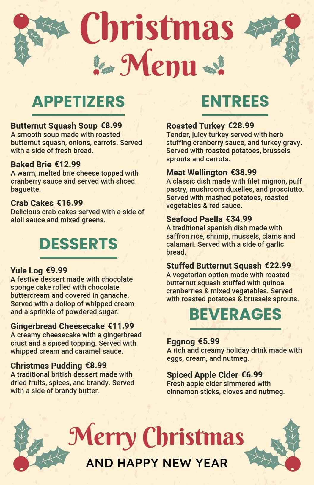 Festive Roast Turkey and Traditional Holiday Treats Christmas Menu Template