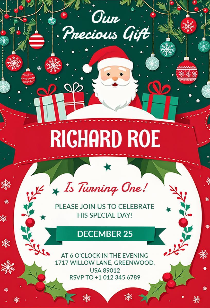 Festive Santa Claus First Birthday Celebration Invitation Template