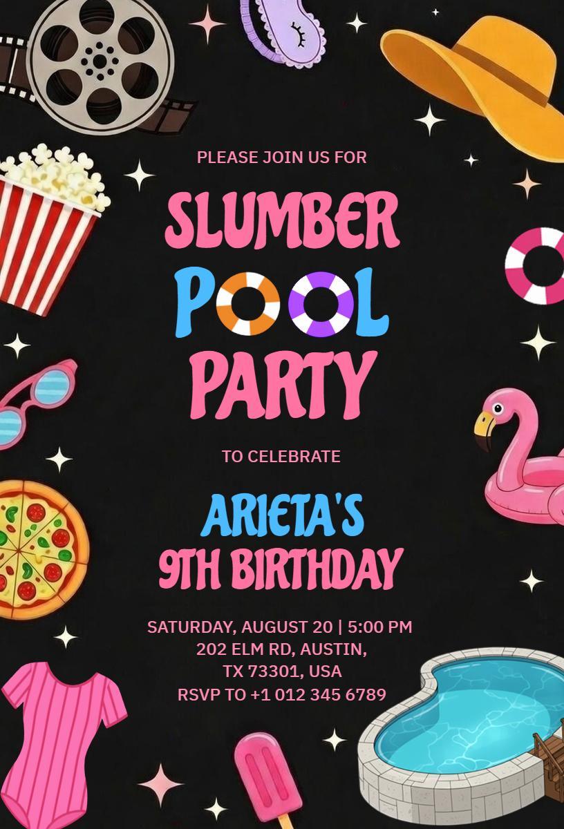 Festive Slumber Pool Party 9th Birthday Celebration Invitation Template