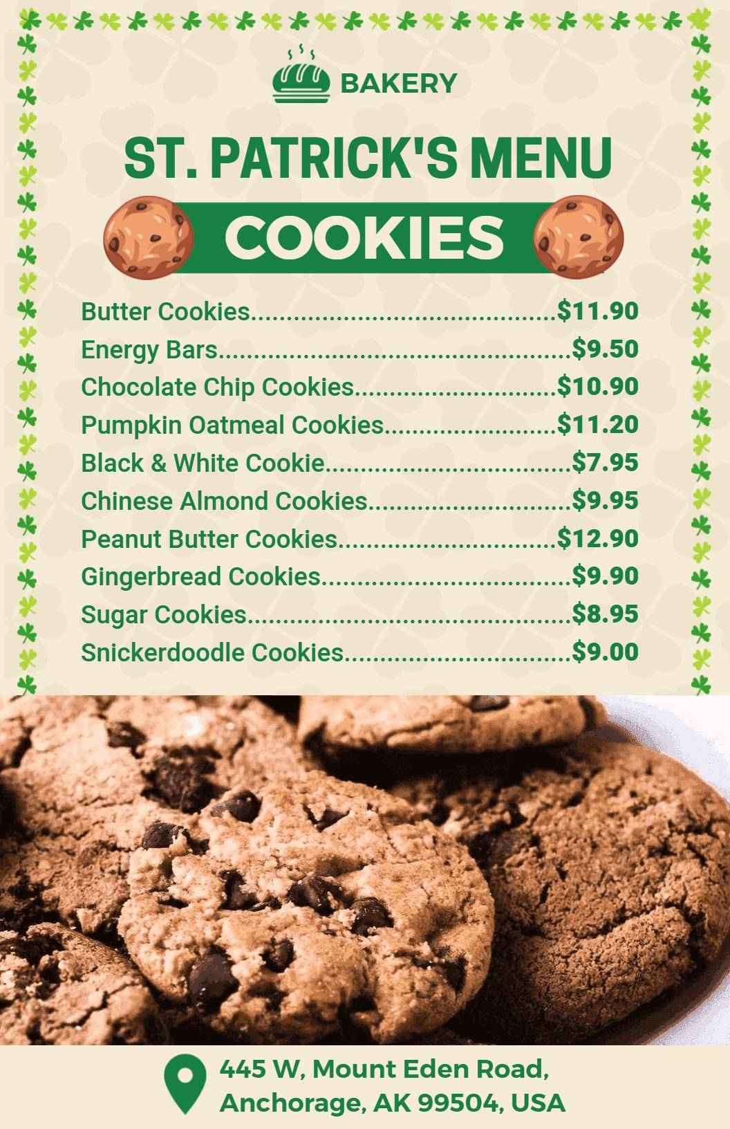 Festive St. Patrick's Day Cookie Selections and Treats Menu Template