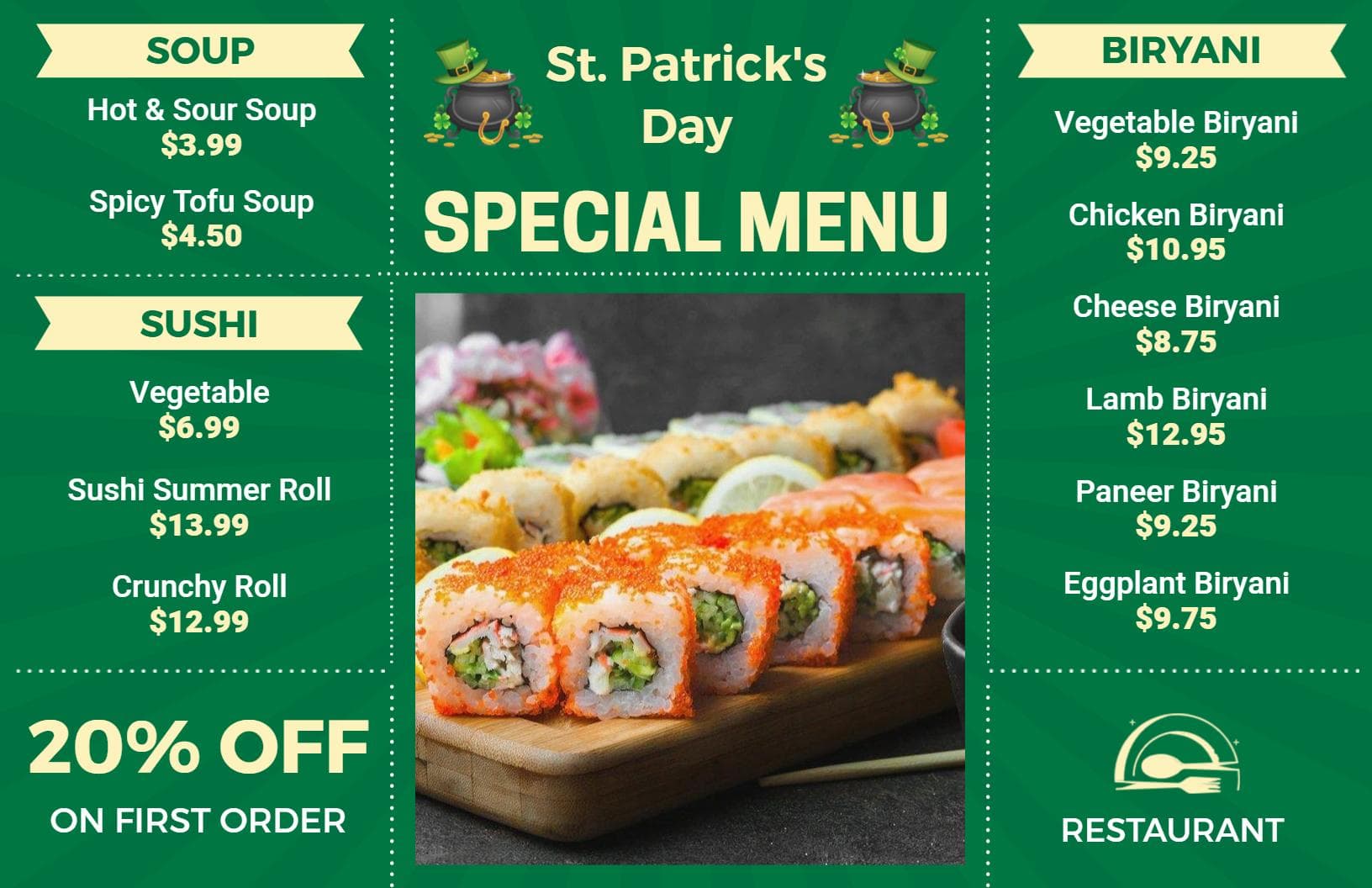 Festive St. Patrick's Day Cuisine Featuring Irresistible Dishes Menu Template