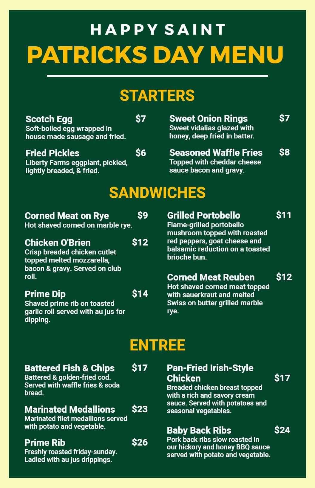 Festive St. Patrick's Day Favorites with Traditional Dishes Menu Template