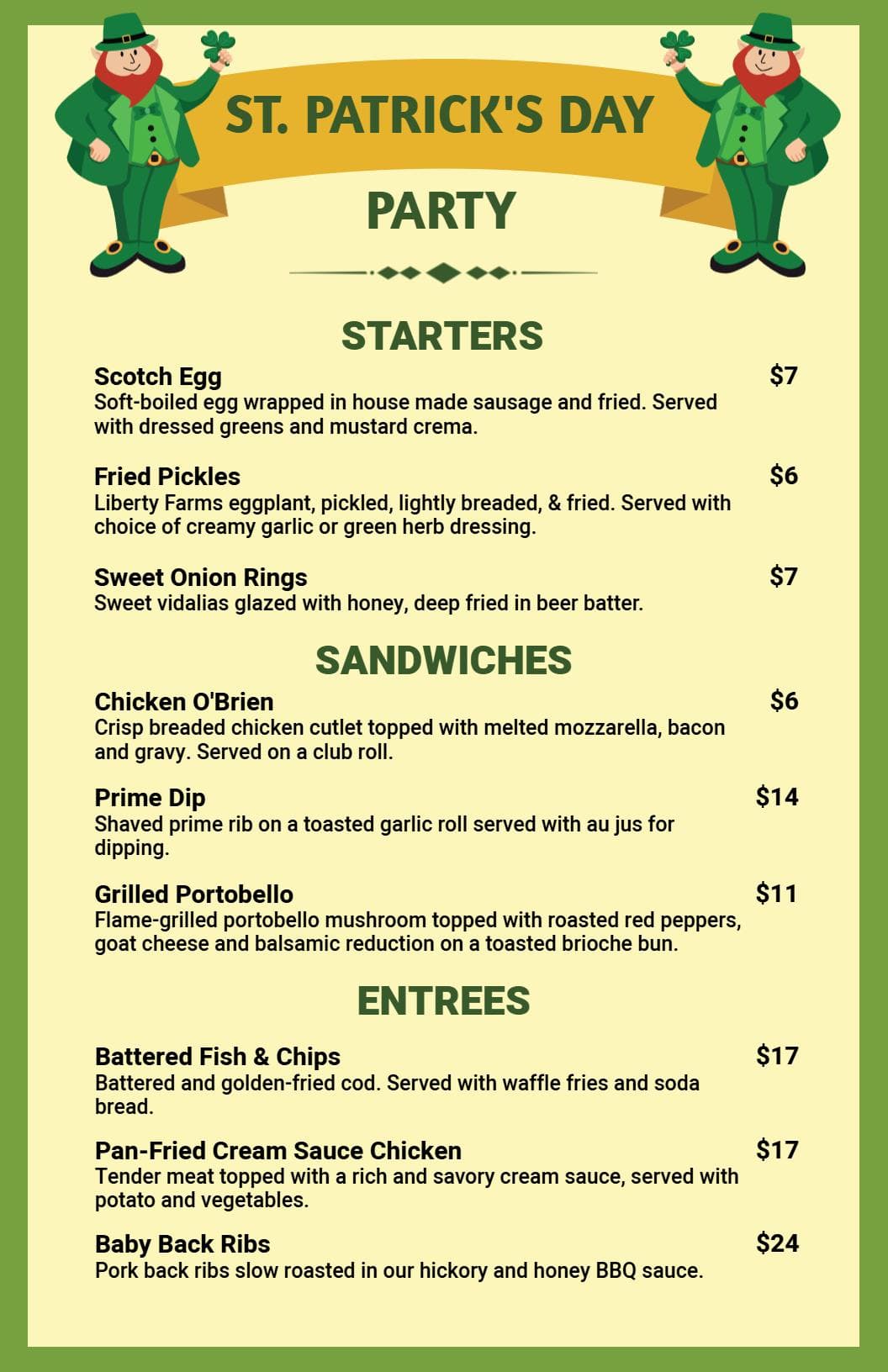 Festive Starters and Traditional Dishes for St. Patrick's Day Menu Template