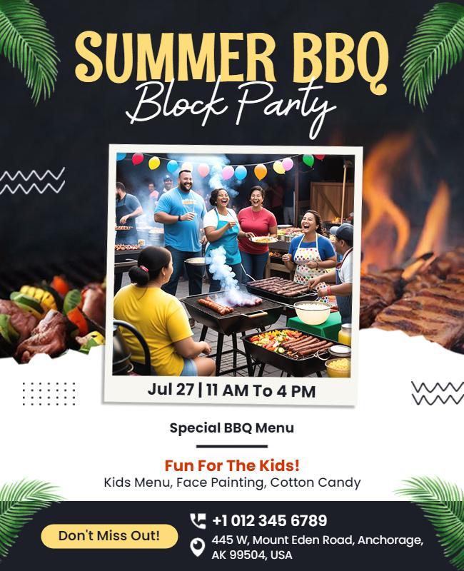 Festive Summer BBQ Block Party with Kids Activities Poster Template