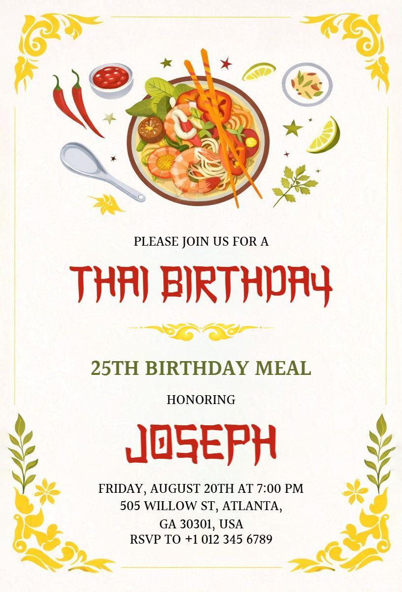 Festive Thai Cuisine 25th Birthday Celebration Invitation Template