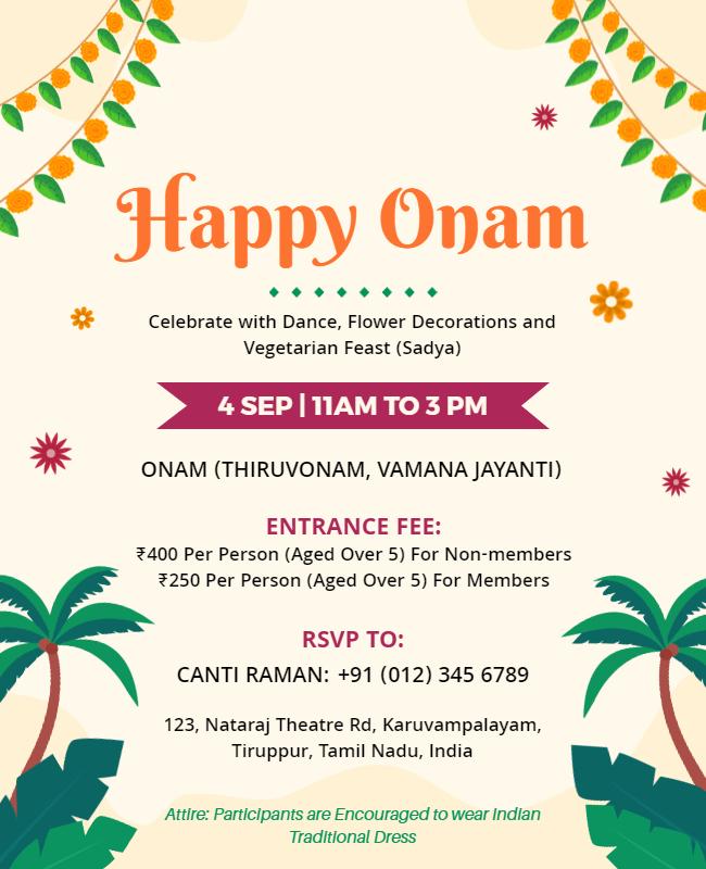 Festive Tropical Onam Celebration with Dance and Food Poster Template