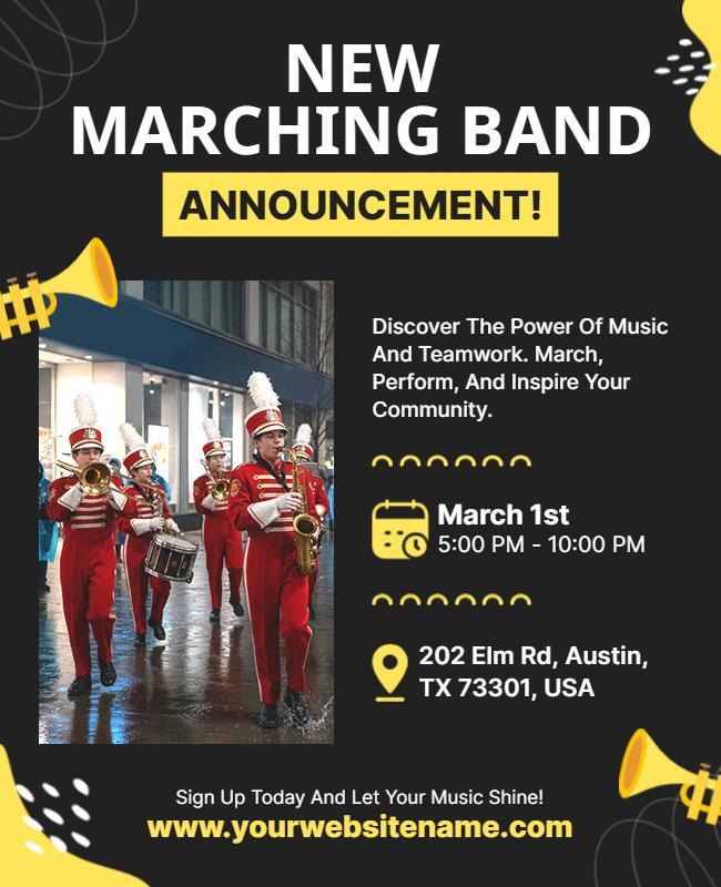 Festive Yellow Announcement for Marching Band Event Flyer Template