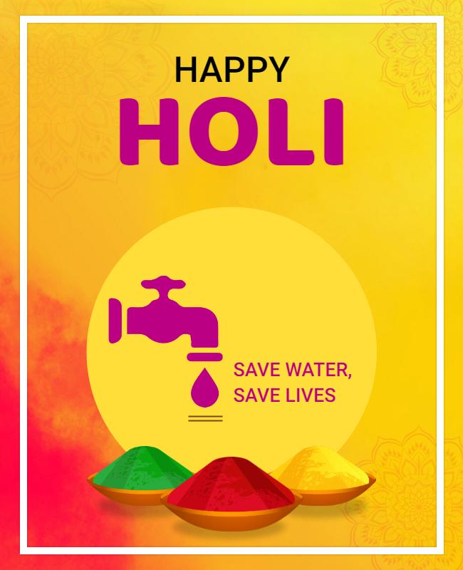 Festive Yellow Holi Celebration Water Conservation Poster Template