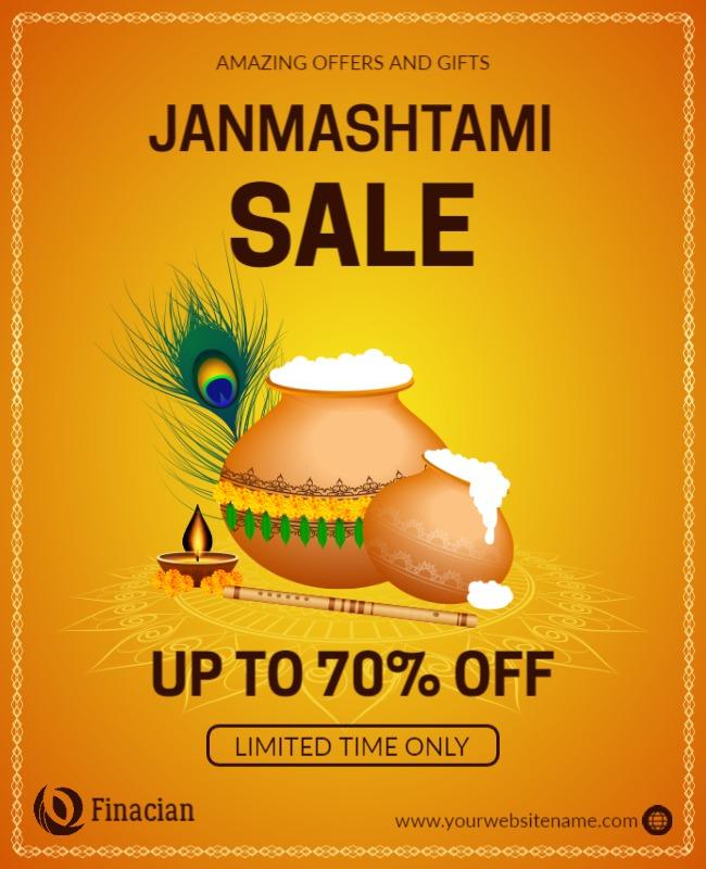 Festive Yellow Janmashtami Sale with Pot and Peacock Poster Template