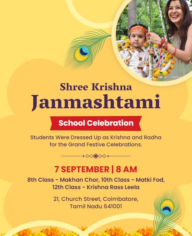Festive Yellow Janmashtami School Celebration Poster Template