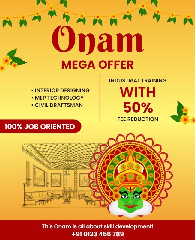Festive Yellow Onam Mega Offer for Skill Training Poster Template
