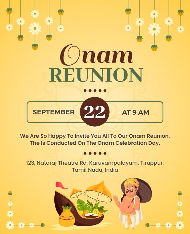 Festive Yellow Onam Reunion Celebration Invitation Poster Template
