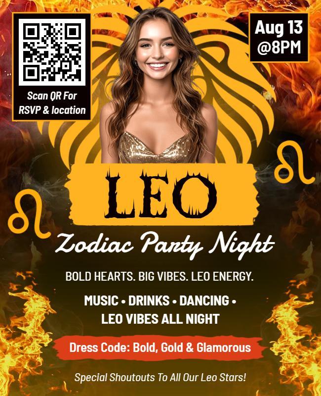 Fiery Leo Zodiac Theme Party Night Celebration Flyer Template
