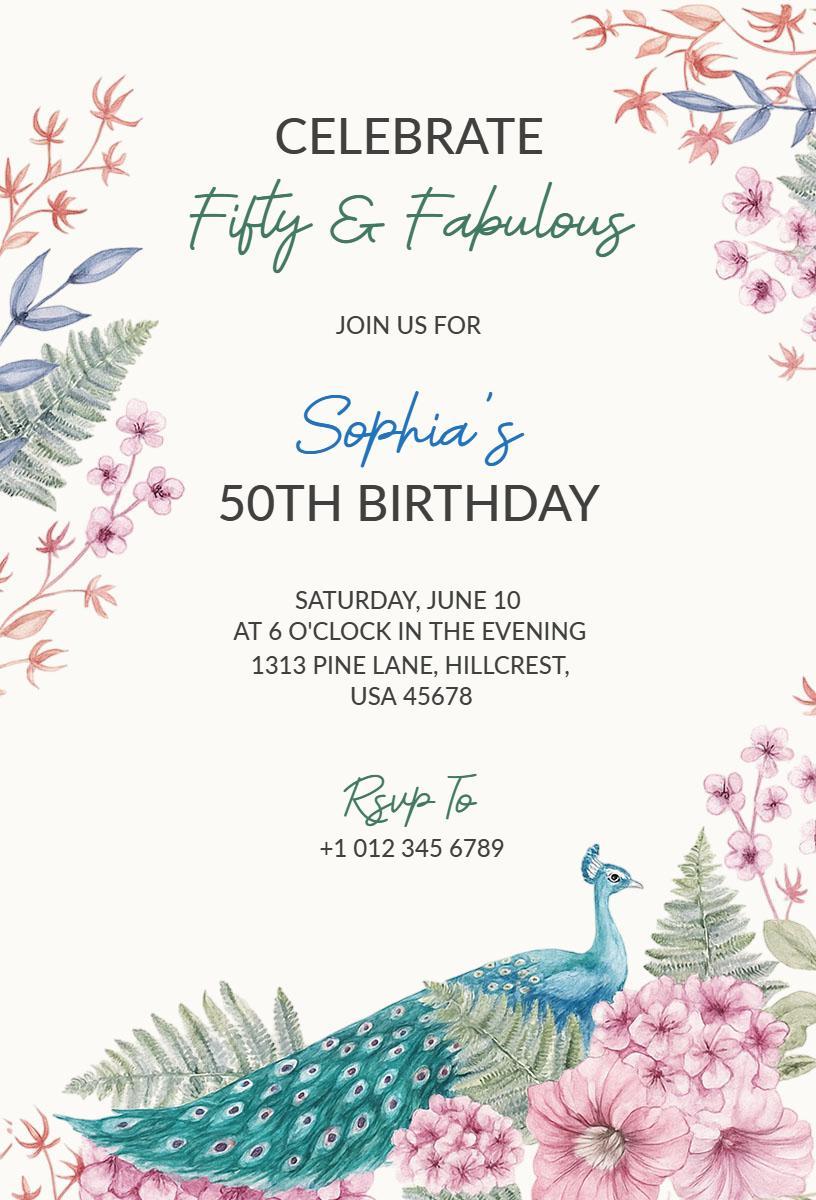 Fifty and Fabulous Peacock 50th Birthday Celebration Invitation Template