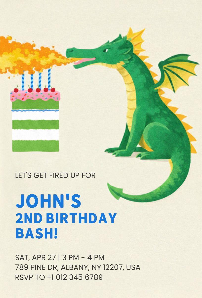 Fire-Breathing Dragon 2nd Birthday Celebration Invitation Template
