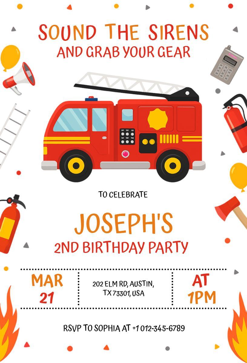 Fire Truck Adventure 2nd Birthday Celebration Invitation Template