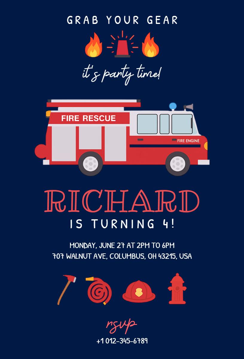 Fire Truck Adventure Birthday Celebration Invitation Template