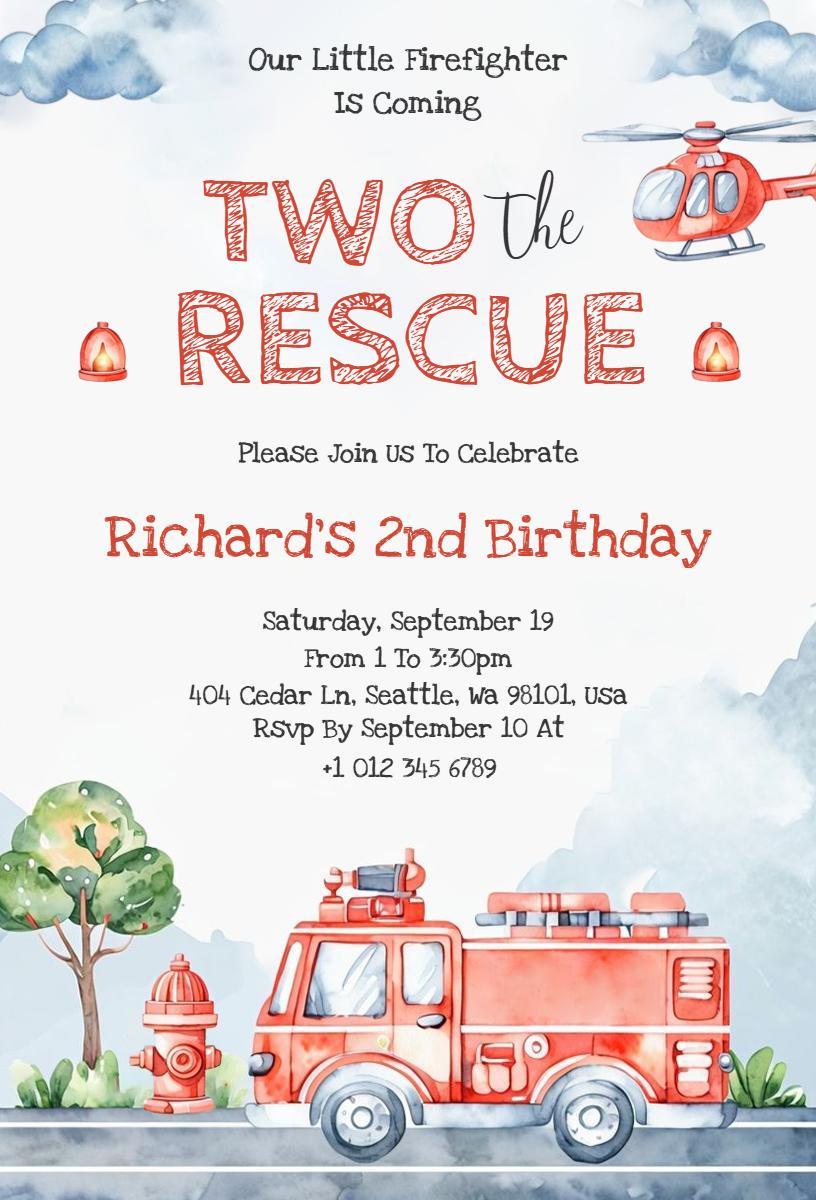 Fire Truck Rescue Theme Fun Birthday Celebration Invitation Template