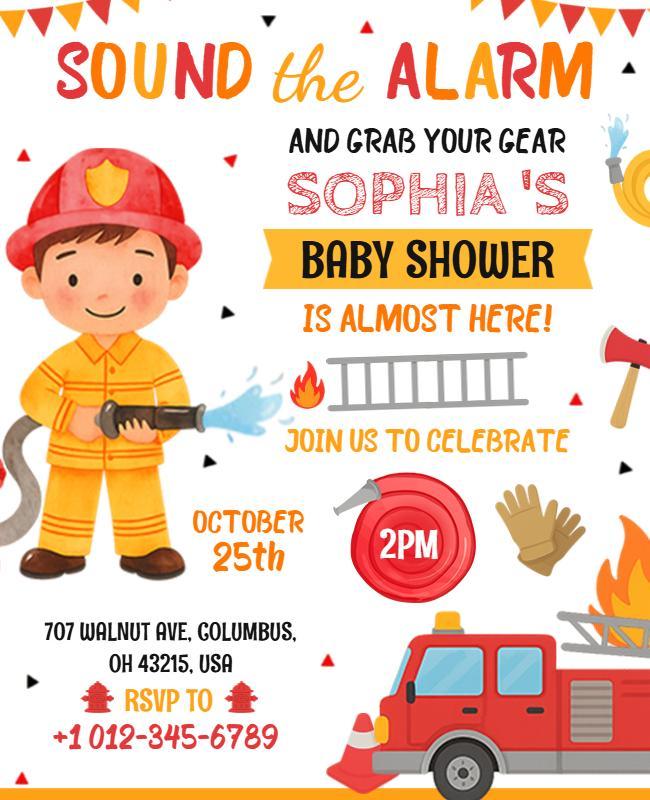 Firefighter Themed Baby Shower Invitation Flyer Template