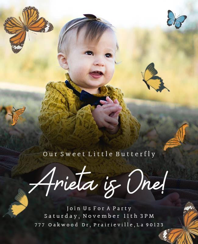 First Birthday Butterfly Theme Party Flyer Template