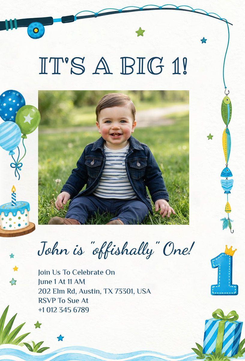 Fishing First Birthday Party Invitation Template